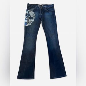 Stylish Blue Boot Cut Jeans with Skull Accent